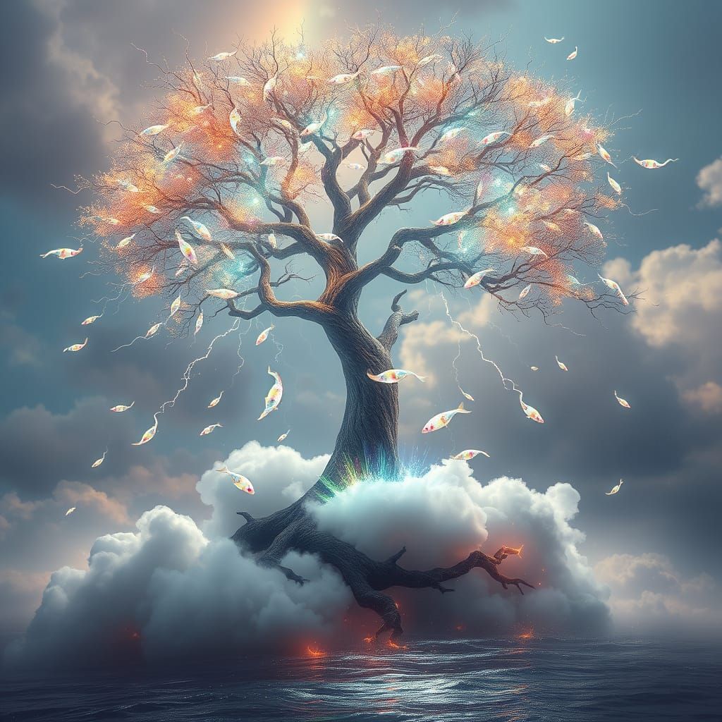 Majestic Tree Unleashes Rainbow Lightning Fishes in Ethereal...