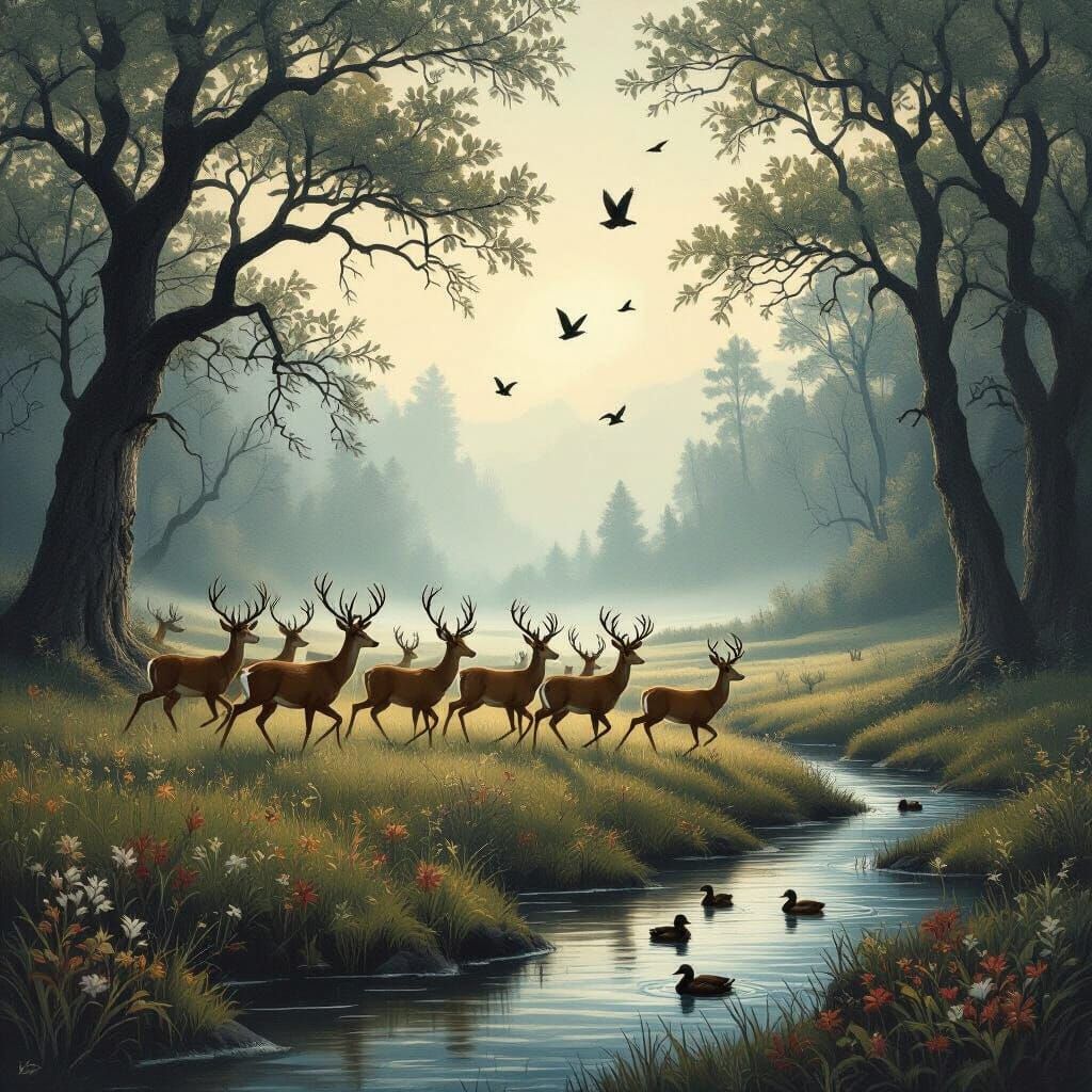 Mystical Deer Herd in Ominous Meadow Landscape