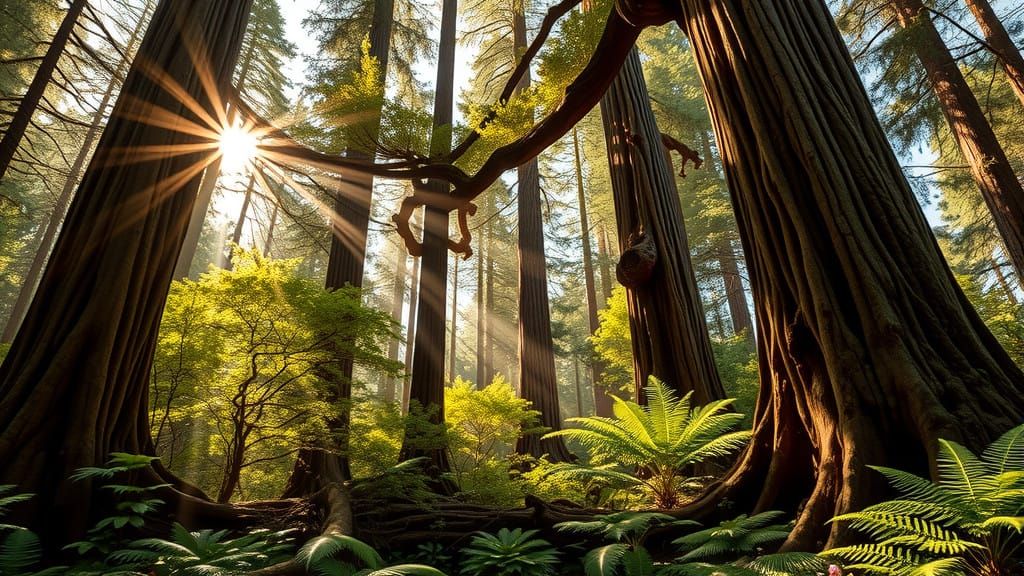 Surreal Redwood Forest Scene in Ethereal Light