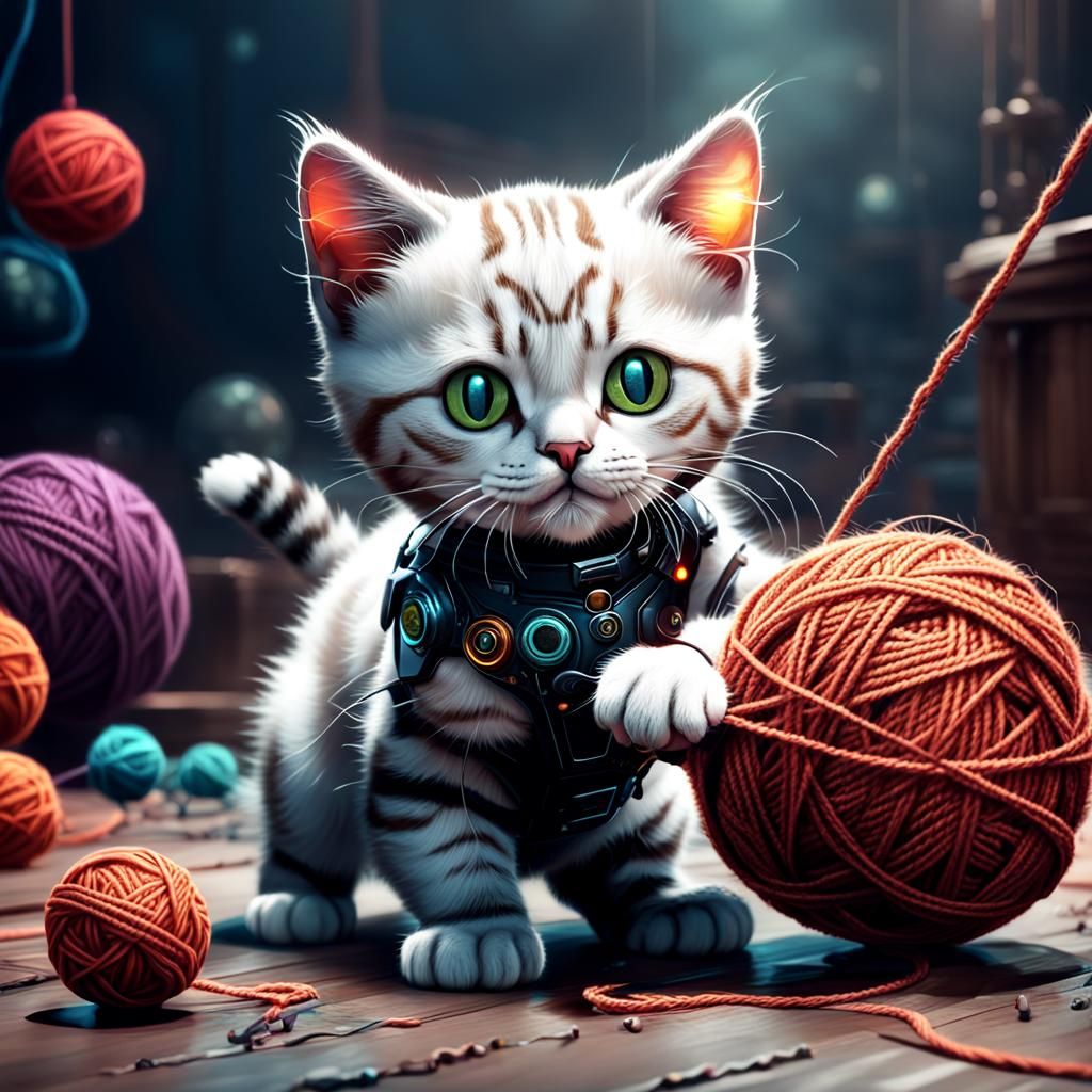 Cyborg Kitten Plays with Yarn: Digital Art