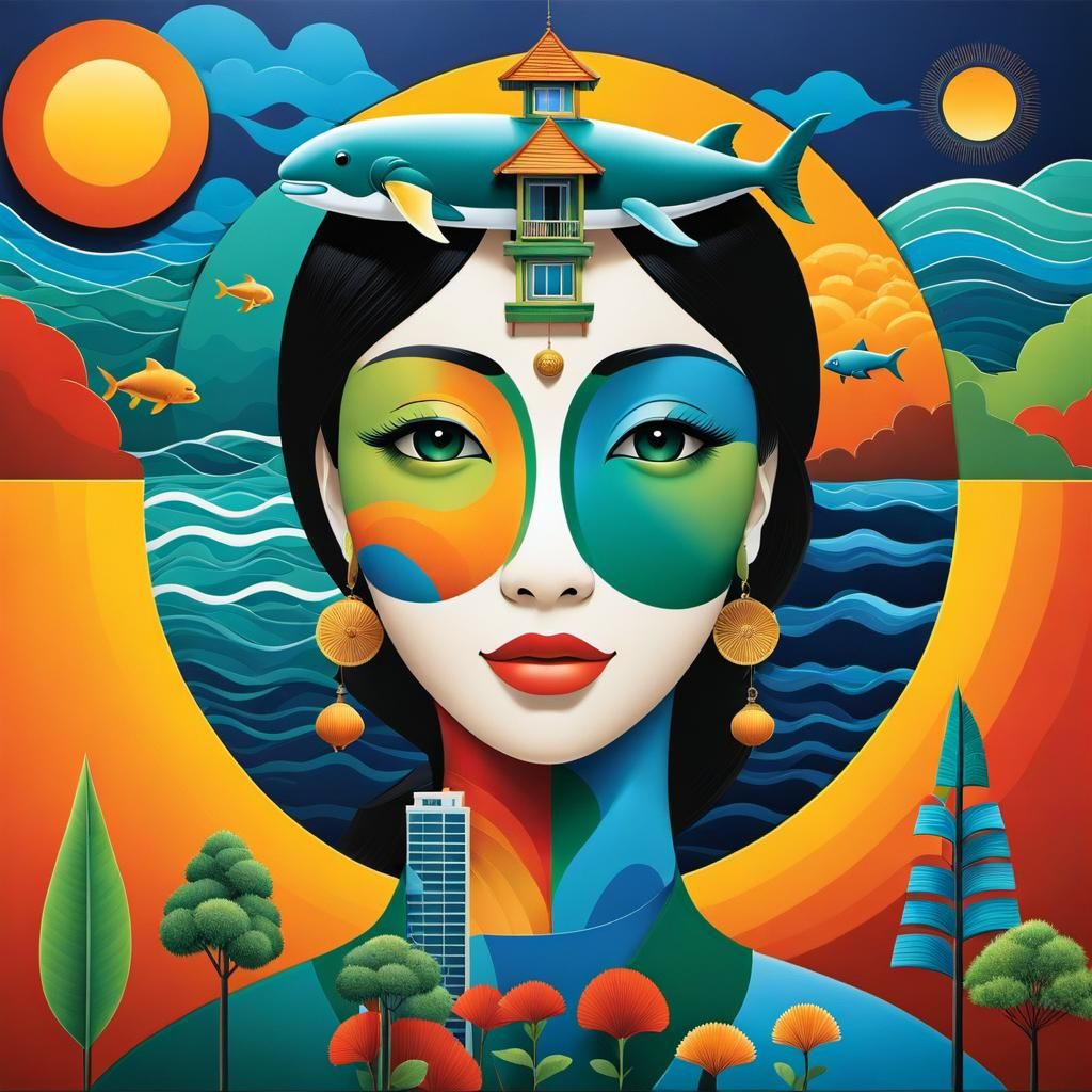 Harmonious City and Sea: Cubist Art Deco 3D Rendering