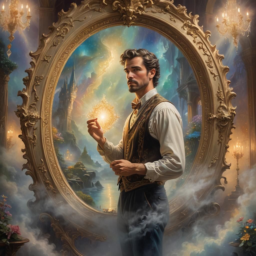 Mystical Mirror Reflects Youthful Past in Oil Painting