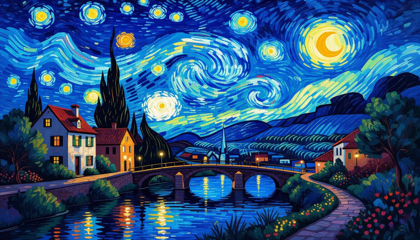 Harmonious World Under Starry Skies, Van Gogh Style