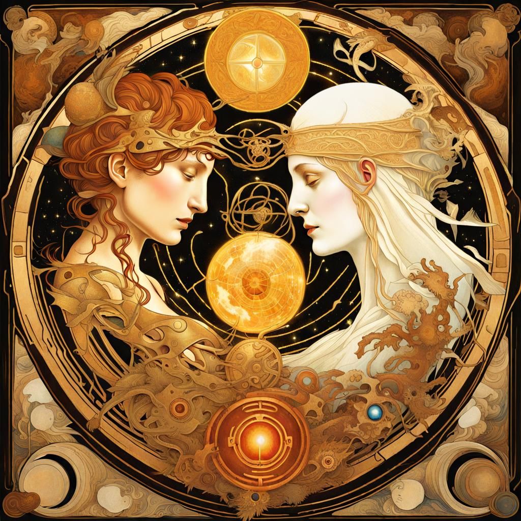 Cosmic Battle: Life and Death in Art Nouveau Style