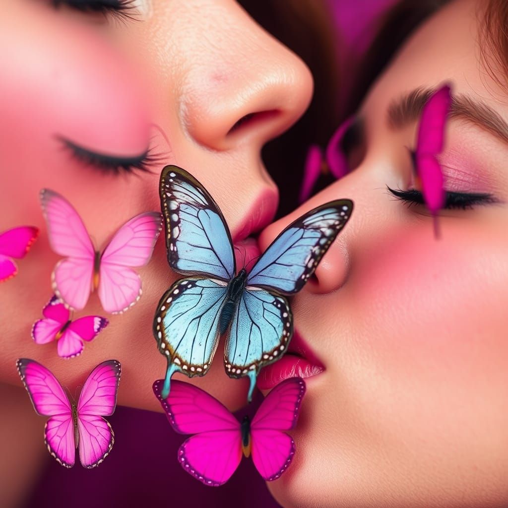 Woman Kissing Butterflies Portrait in Pink Shades