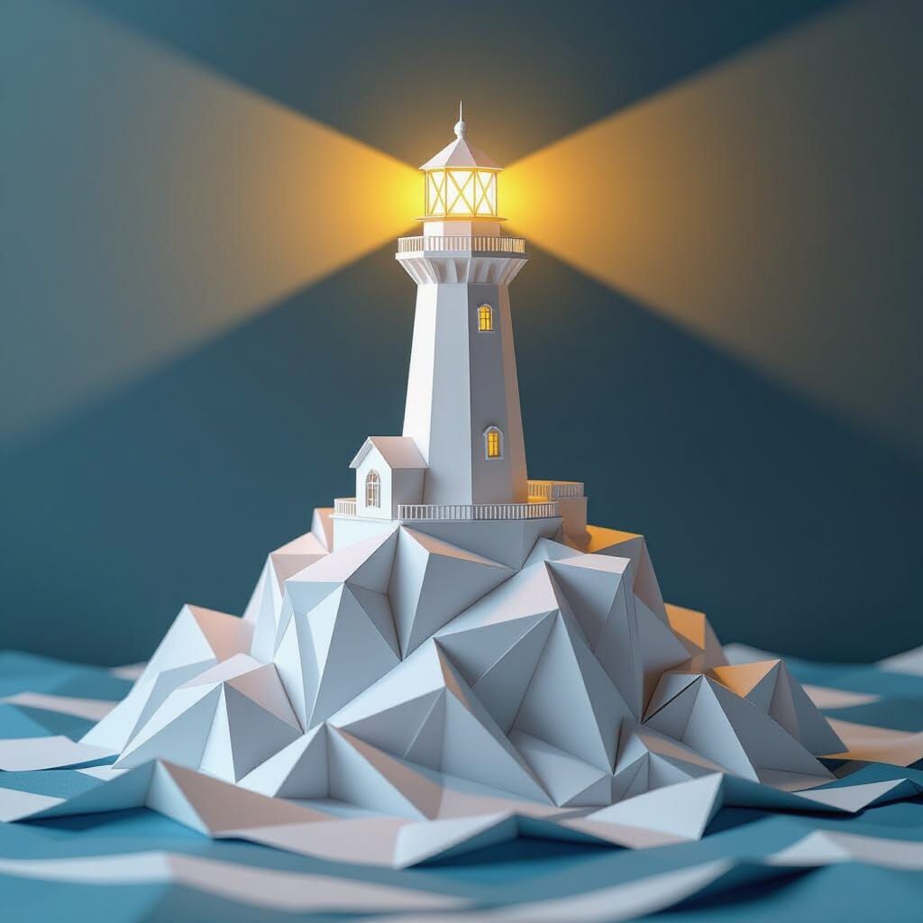 Dramatic Papercraft Lighthouse with Golden Light