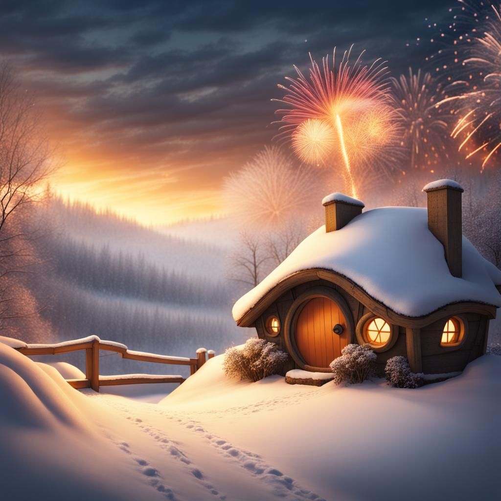 Winter Hobbit House with Dragon Fireworks