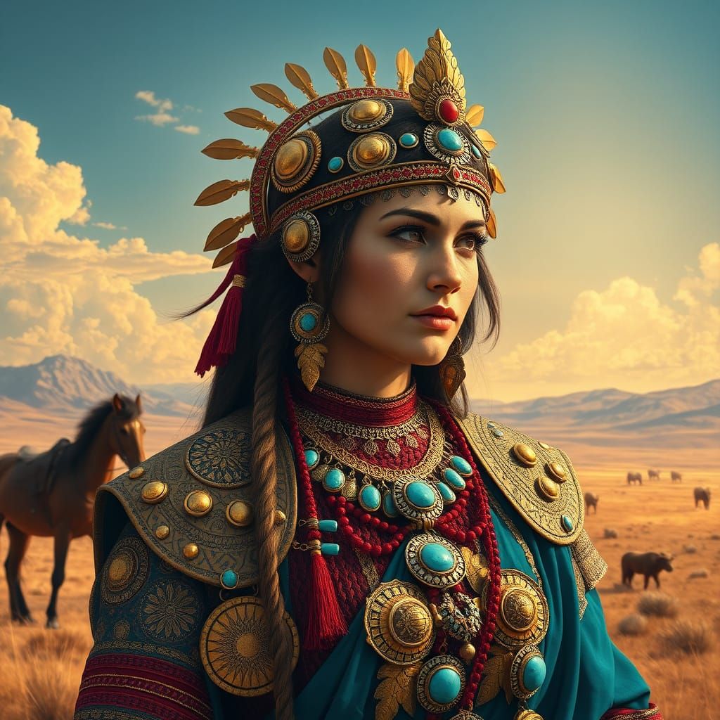 Scythian Woman in Golden Regalia on the Steppe