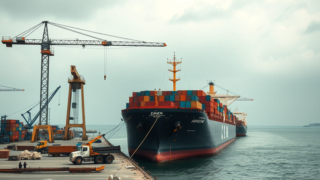 kegiatan operasional di dermaga, ada proyek pembangunan, crane yang mengangkut container, truk parkir, kapal tanker, kap...