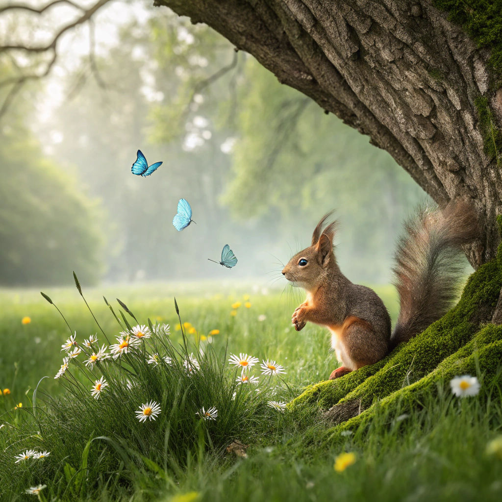 Squirrel Eating Walnut in Mystical Forest