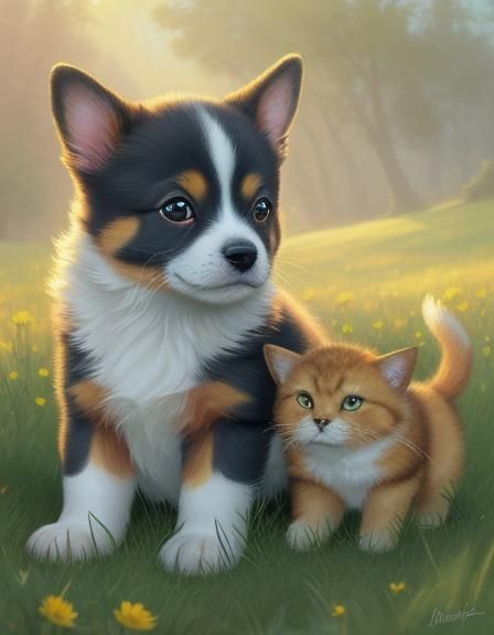 Puppy Sniffing Ball in Sunlit Meadow as Oil Painting