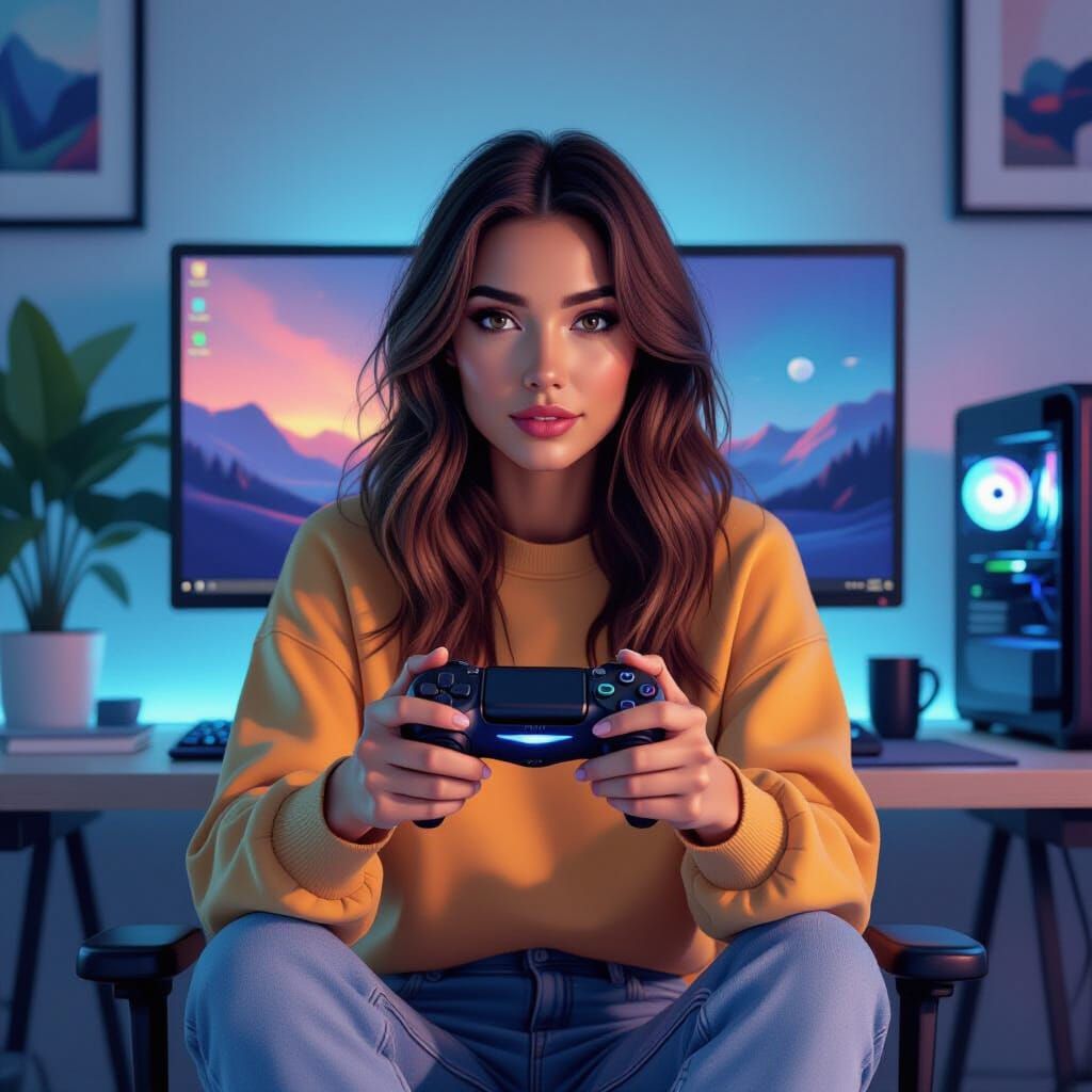 Woman Gaming on Windows 11, Digital Art Style