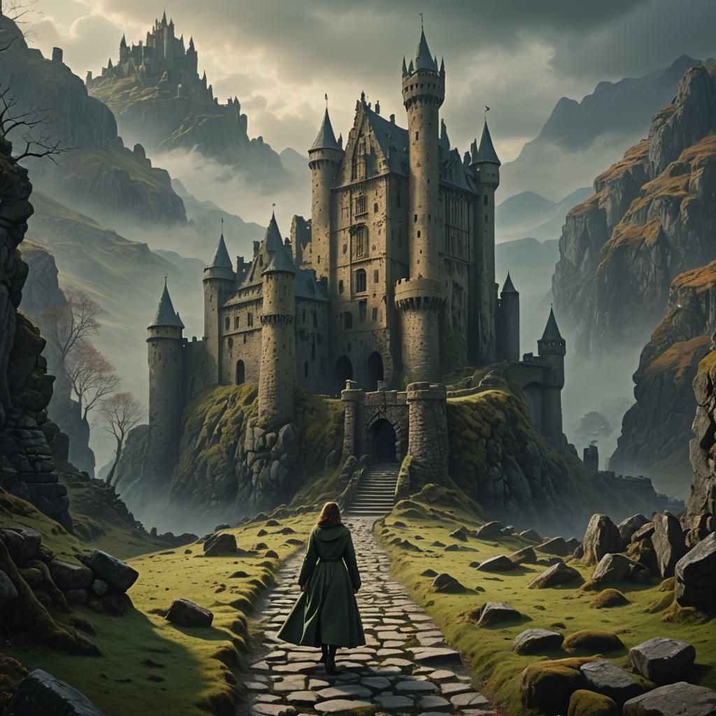 Mystical Woman in Fog-Shrouded Castle