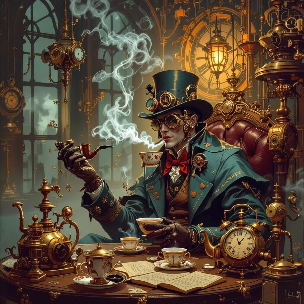Steampunk Figure Sipping Tea in Clockwork Room