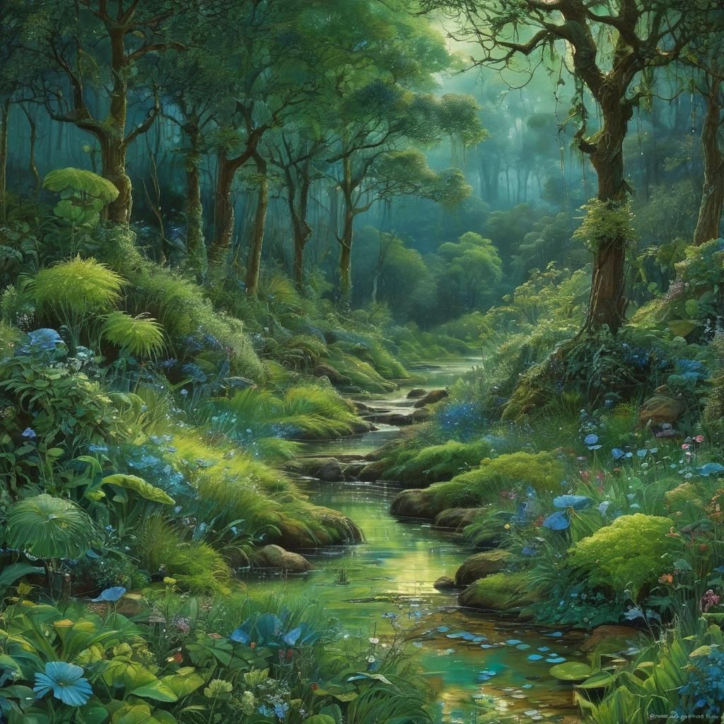 Rainy French Landscape in Green and Blue