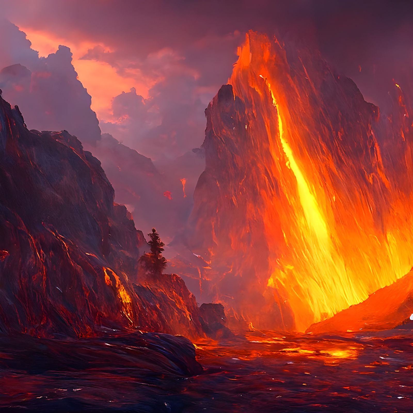 Lava Waterfall in Rugged Valley, Hyperrealistic Photography