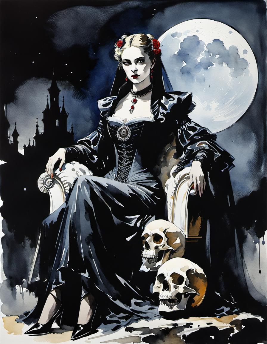 Vampire on Skull Throne in Watercolor