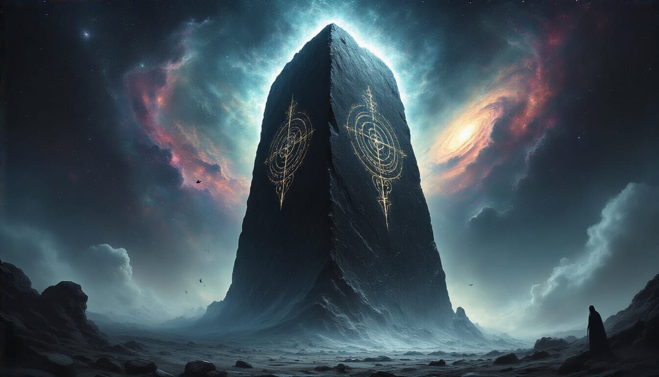 Cosmic Monolith in Blueprint Schematic Style