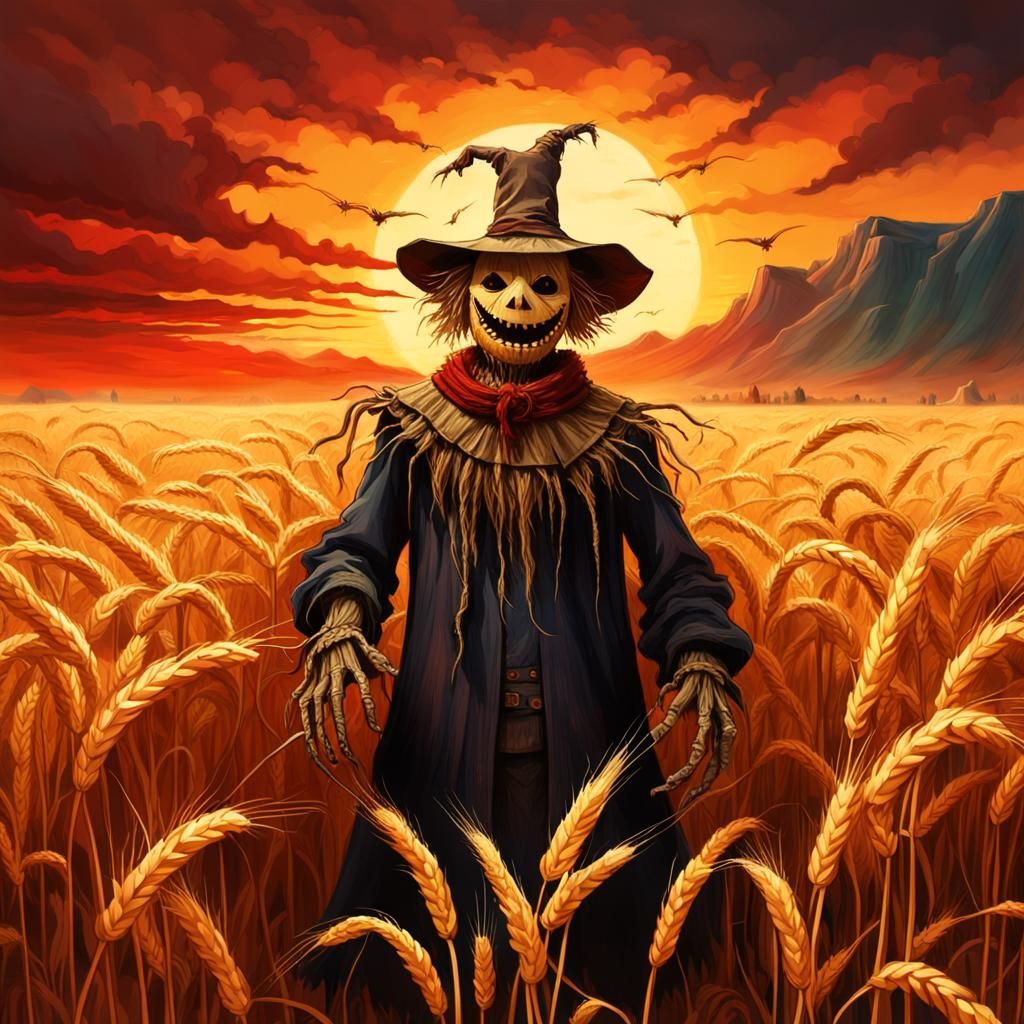 Creepy Scarecrow Smiles in Golden Wheat Field