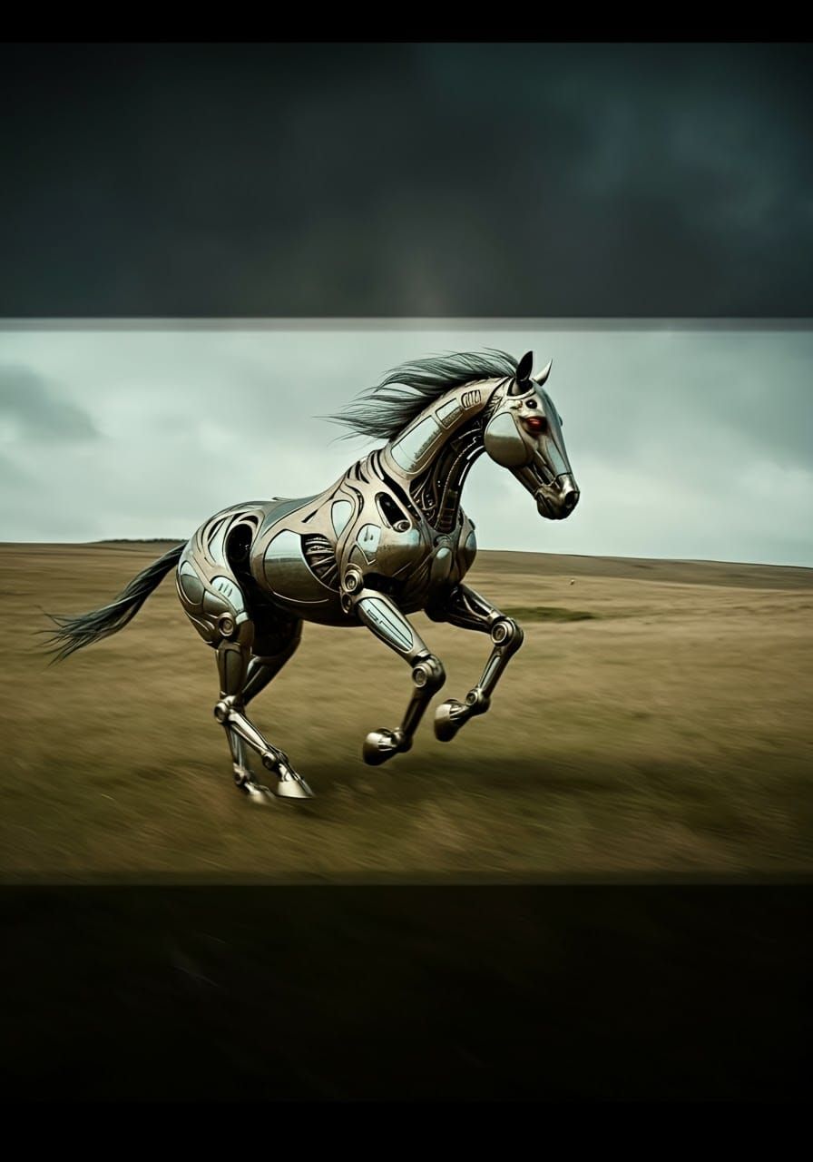 Armored Horse Android Galloping Across Windswept Field