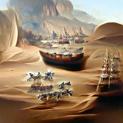 Desert Ships Encounter Caravan in Oil Painting