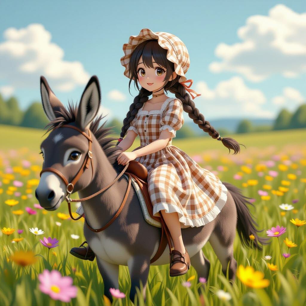 Anime Girl Rides Donkey Through Flower Field