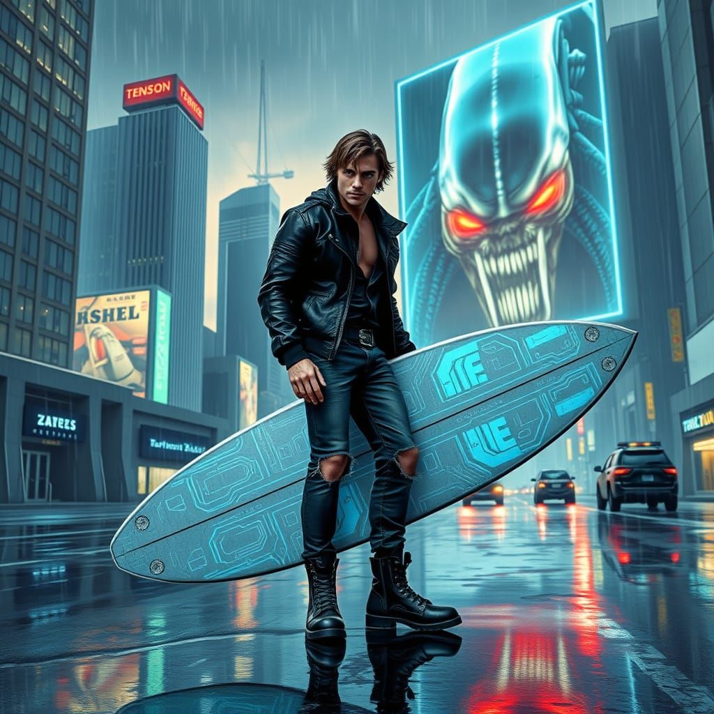 Cyberpunk Hero Rides Neon Surfboard in Rainy Metropolis