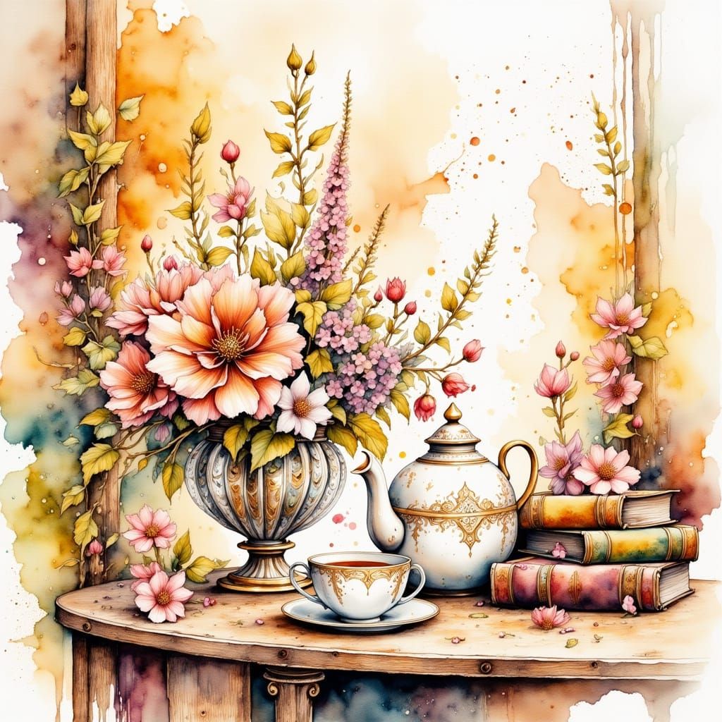 Elegant Teapot and Flowers in Watercolor Style