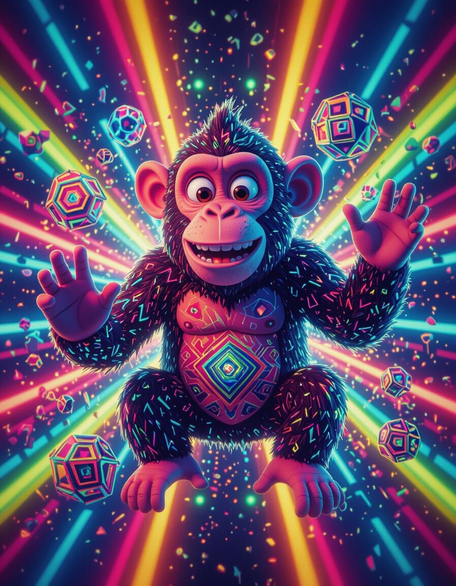 Psychedelic Neon Ape with Geometric Patterns in 3D