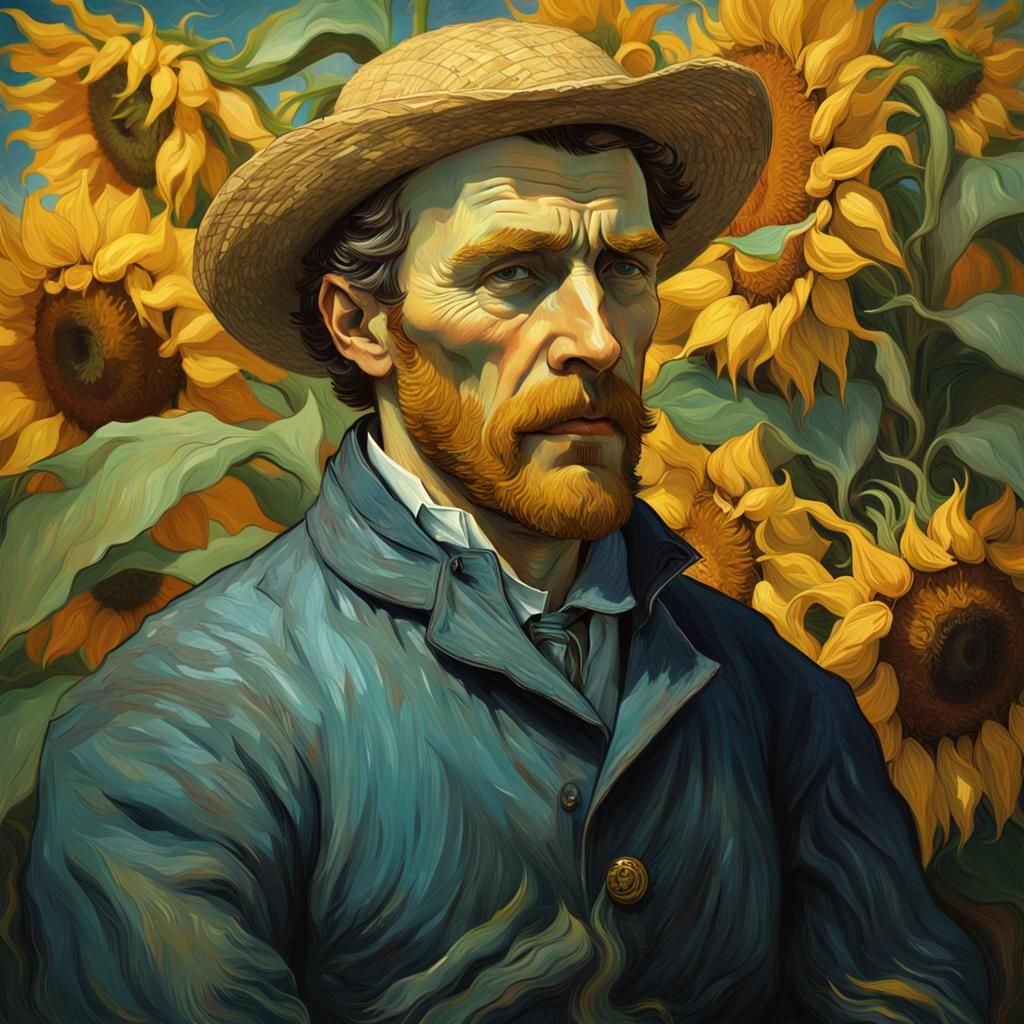 Van Gogh Painting Sunflowers: Hyperdetailed Portrait