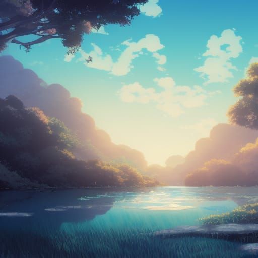 Ghibli-Style Waterscape by Makoto Shinkai