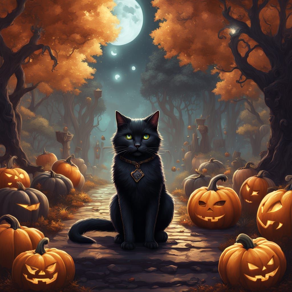 Cute Black Cats in Misty Pumpkin Forest