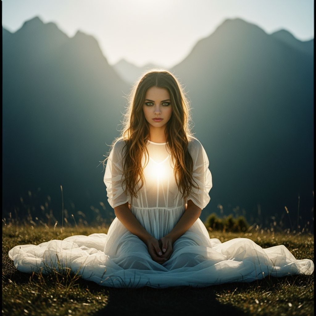 Girl in White Dress with Mountain Backdrop