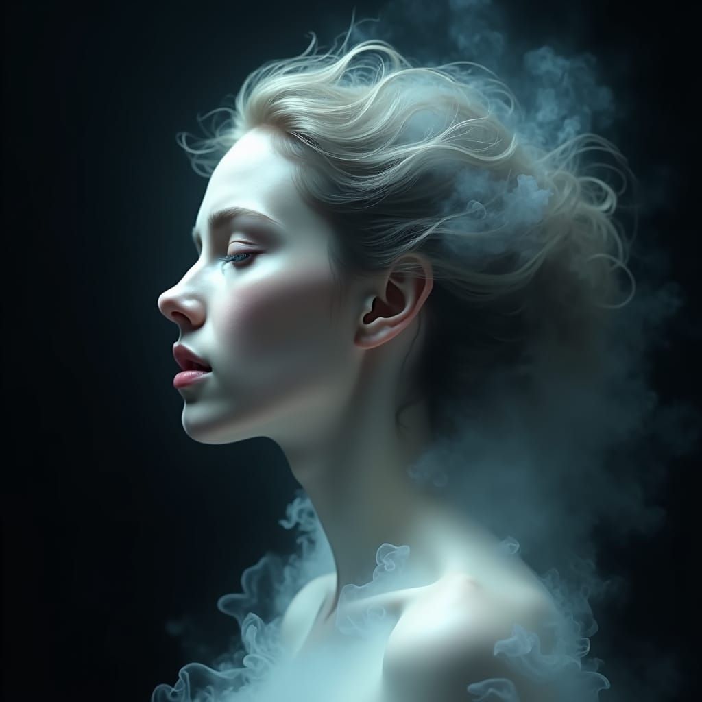 Ethereal Portrait of Woman in Swirling Fog