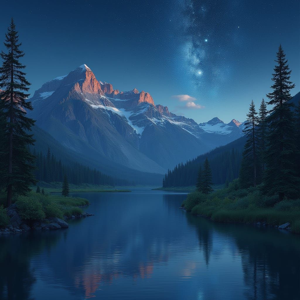 Tranquil Lake Under Starry Night Sky with Majestic Mountain