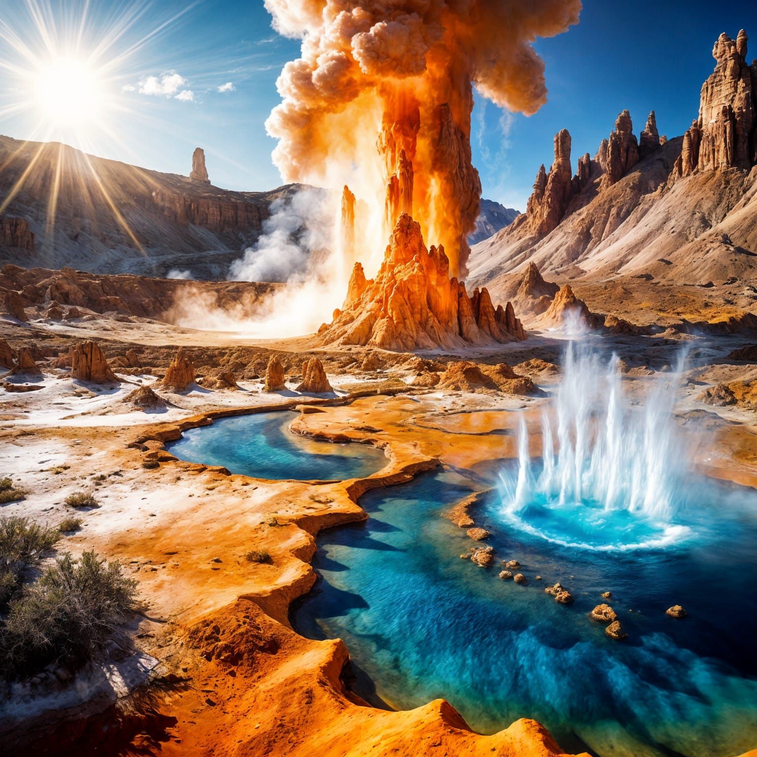 Surreal Desert Geysers in Vibrant Color, Captured in Photore...