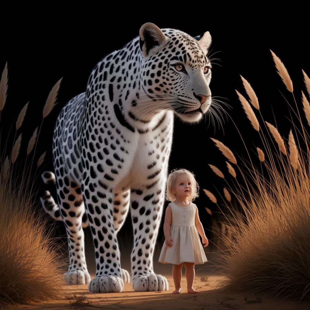 Giant White Leopard with Girl in Golden Savanna Sun