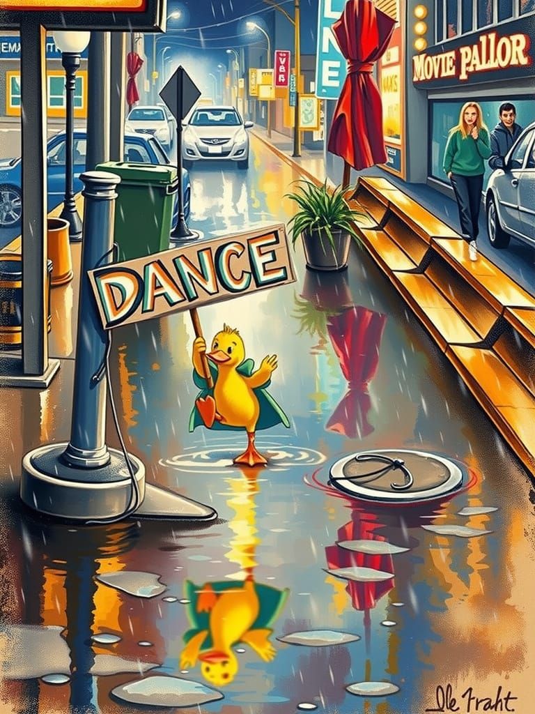 Cute Duckling Dances in Rainy City Puddle, Watercolor Style