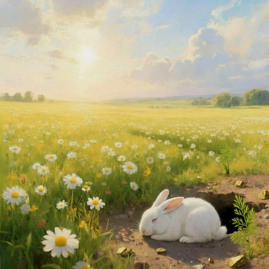 Endless Daisy Field with Sleeping Rabbit and Tunnel Entrance