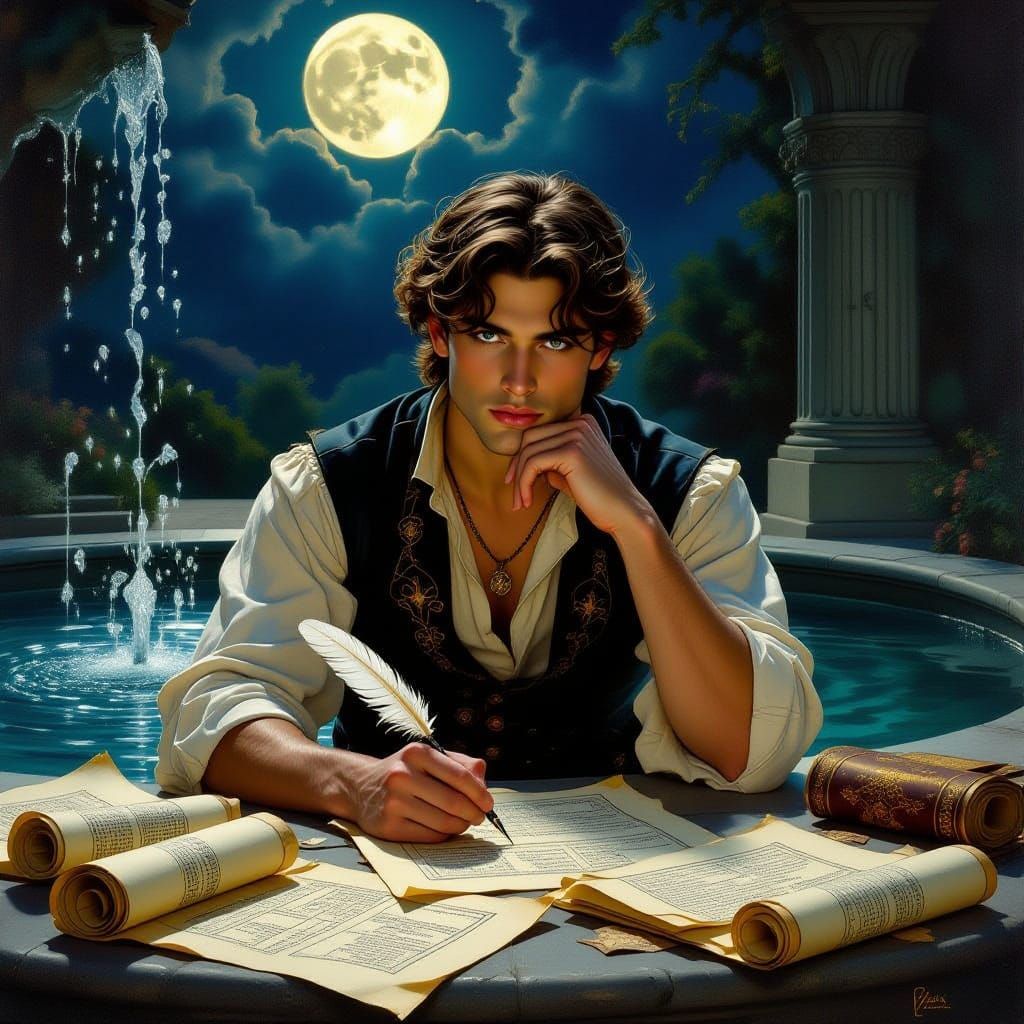 Aries Poet by Moonlight Fountain in Pre-Raphaelite Style