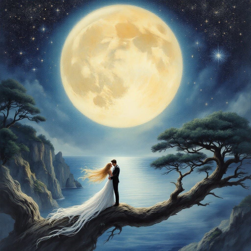 Romantic Couple Under Moonlight Watercolor Painting