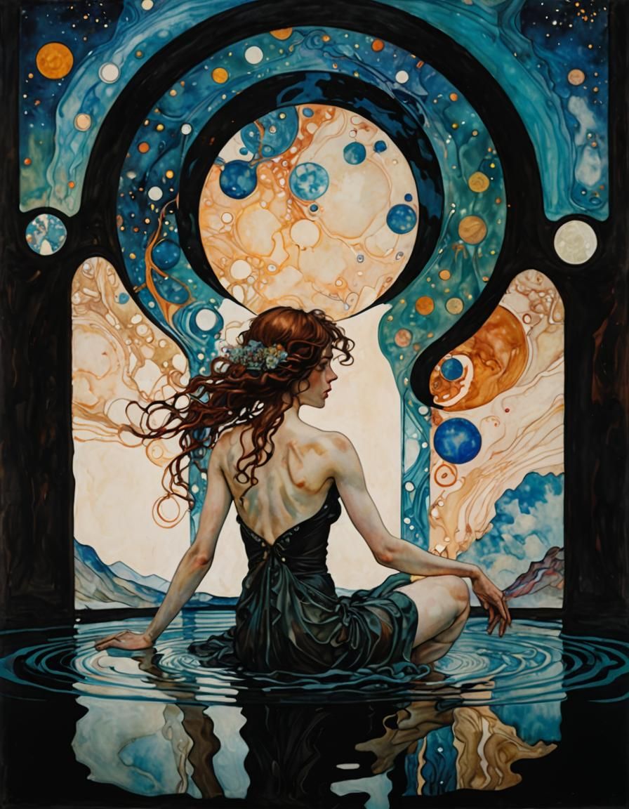 Ethereal Cosmic Waters in Art Nouveau Style