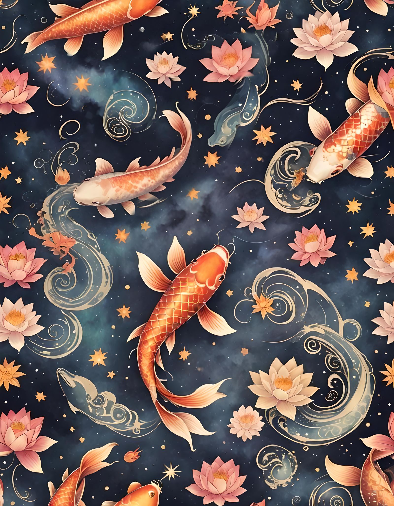 Koi Fish and Lotus in Space