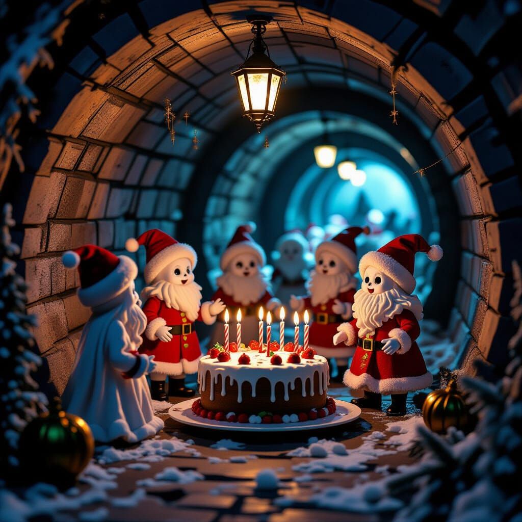 Miniature Ghosts at Spooky Christmas Party in Haunted Tunnel