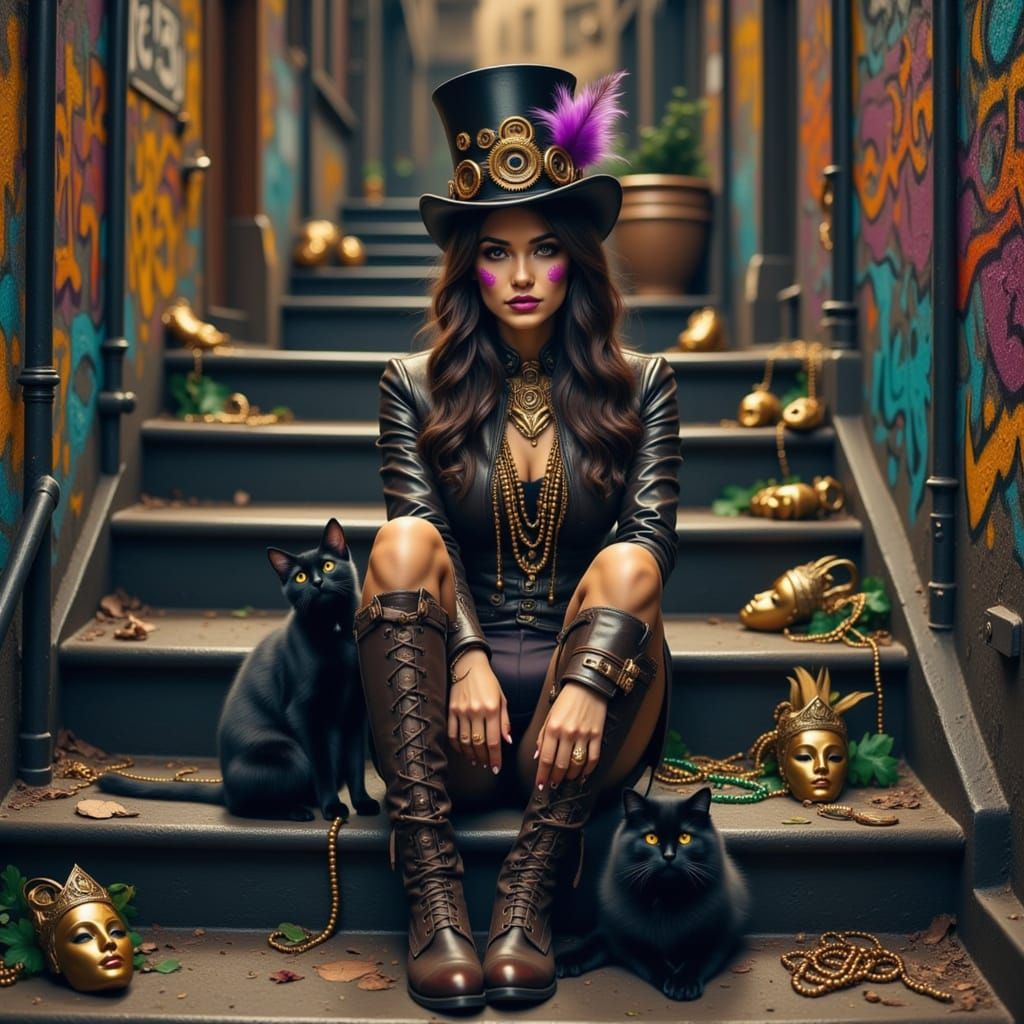 Steampunk Woman with Mardi Gras Flair on City Steps