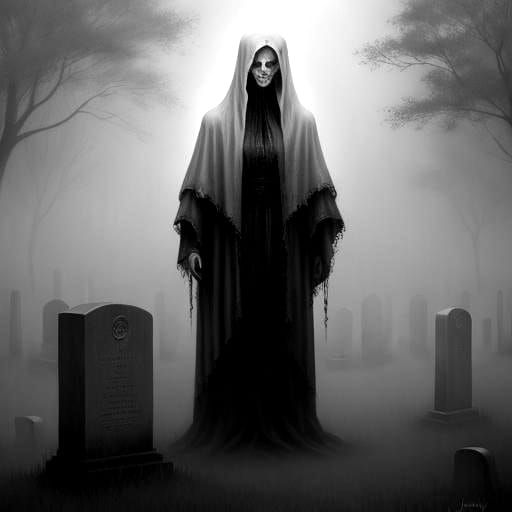 Banshee Apparition in Foggy Graveyard: Oil Painting