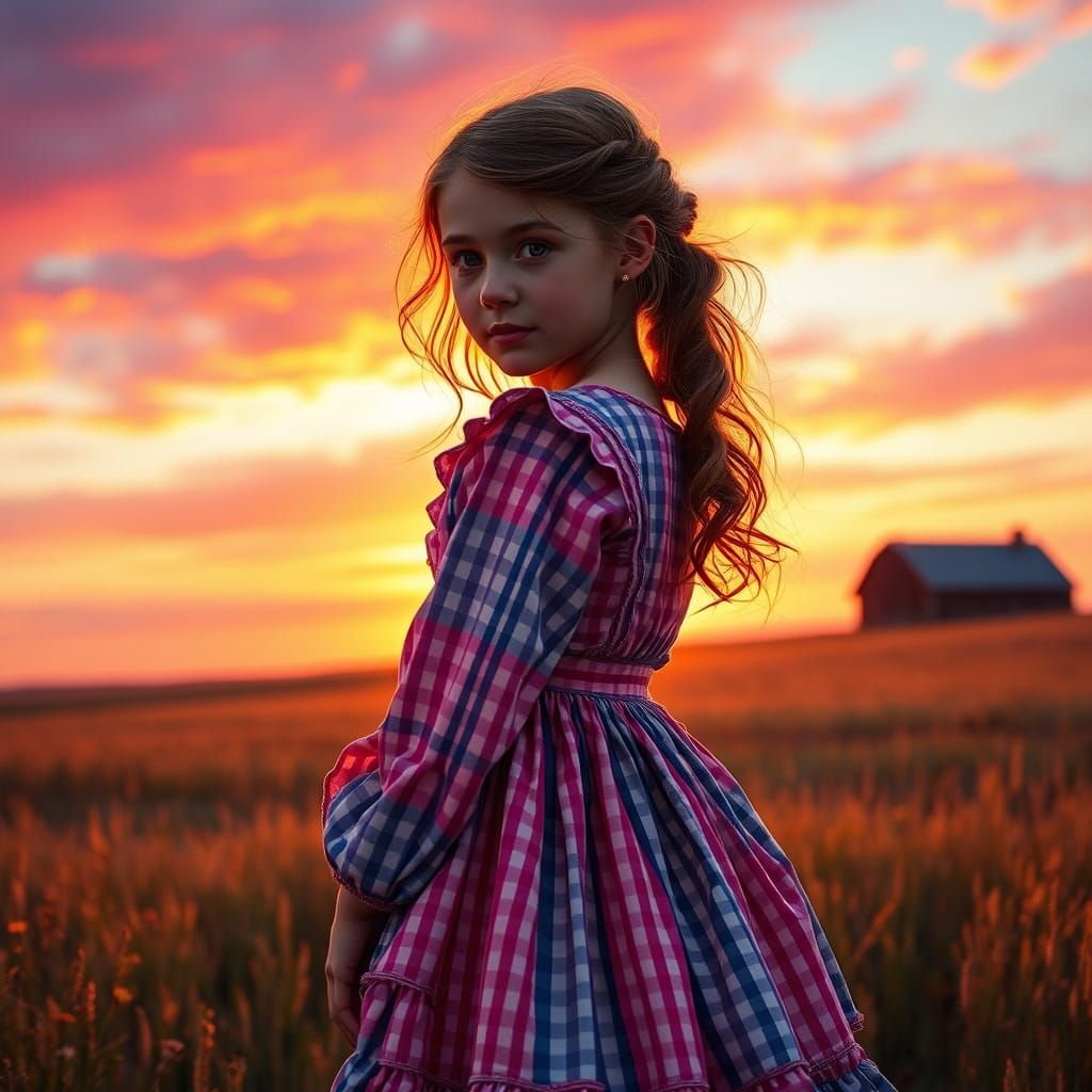 Young Girl in Gingham Dress Amidst Sunset Prairie