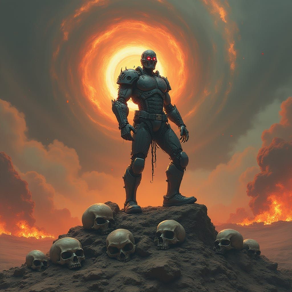 Cyborg Warrior on Mountain of Skulls in Dark Fantasy Style