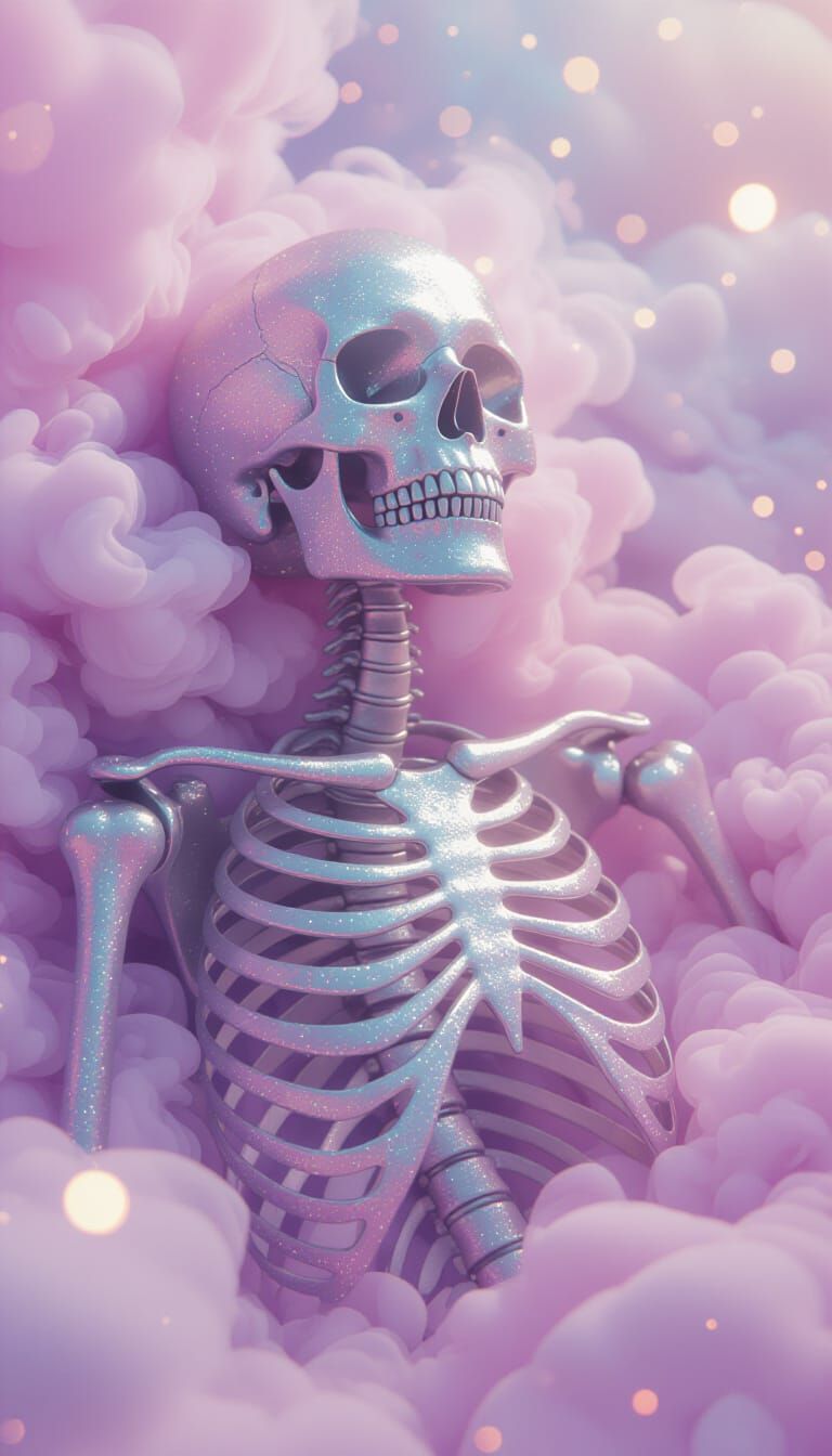 Ethereal Glitter Skeleton in Swirling Pastel Smoke