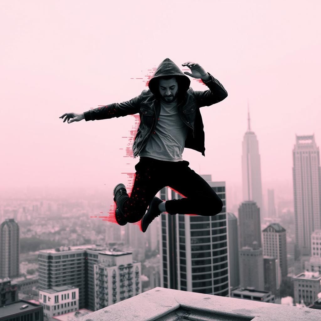Parkour Athlete in Glitch Art Postmodern Cityscape